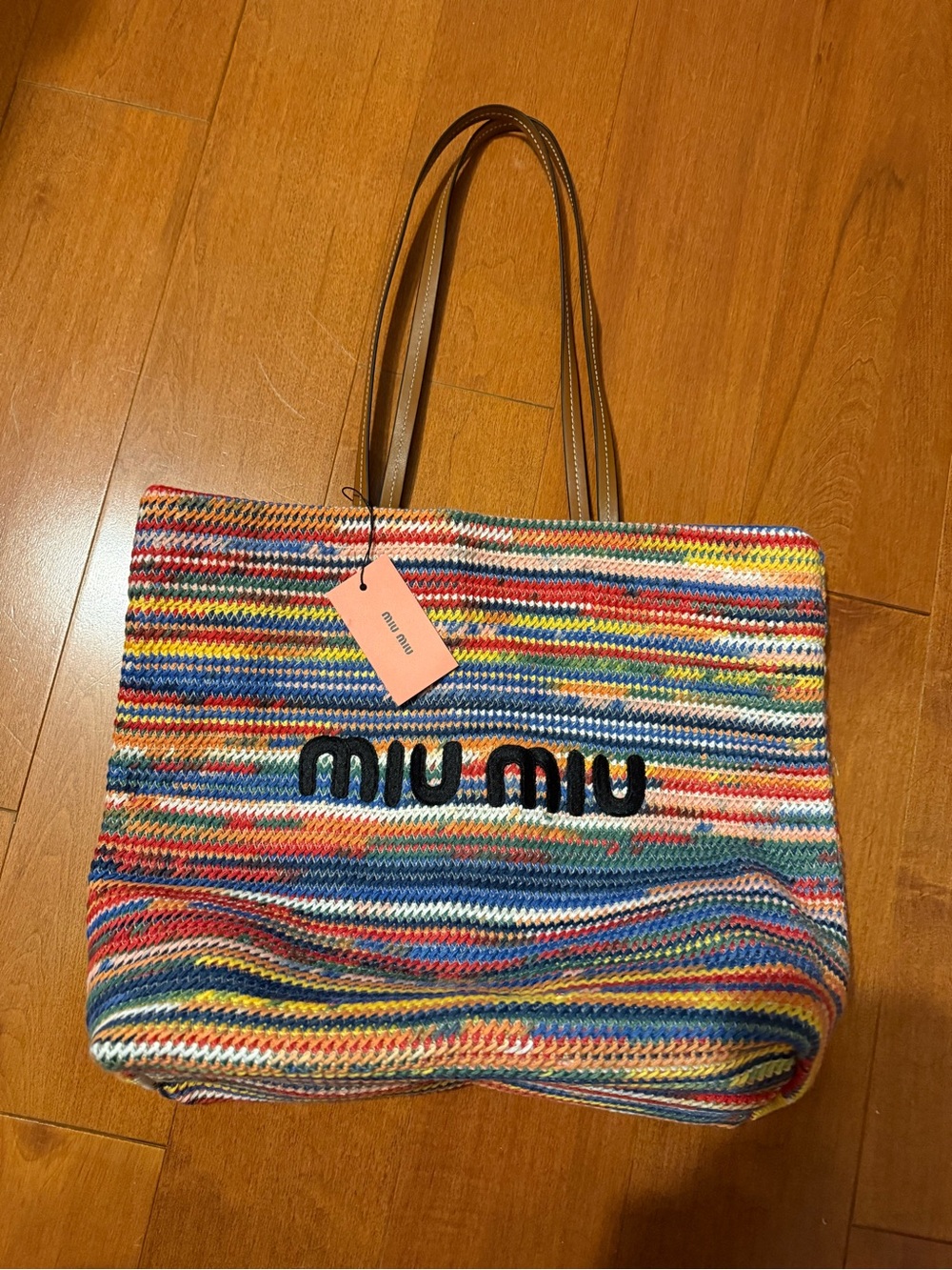 Miu Miu Multicolor Striped Crochet Tote with Brown Handles